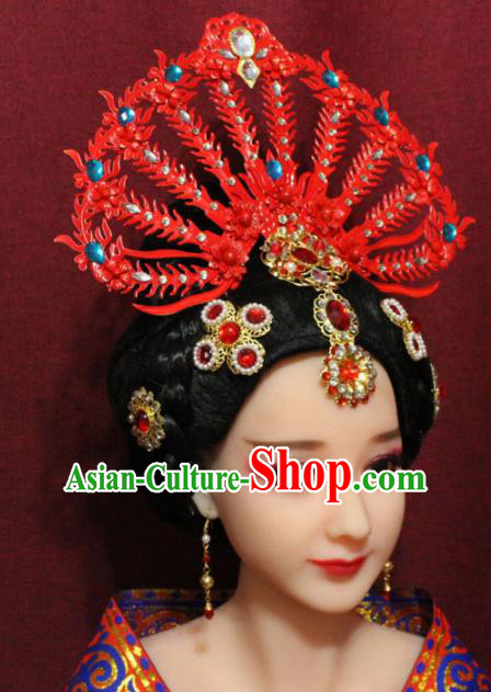Traditional Chinese Ancient Hanfu Red Phoenix Coronet Bride Hairpins Handmade Wedding Hair Accessories for Women
