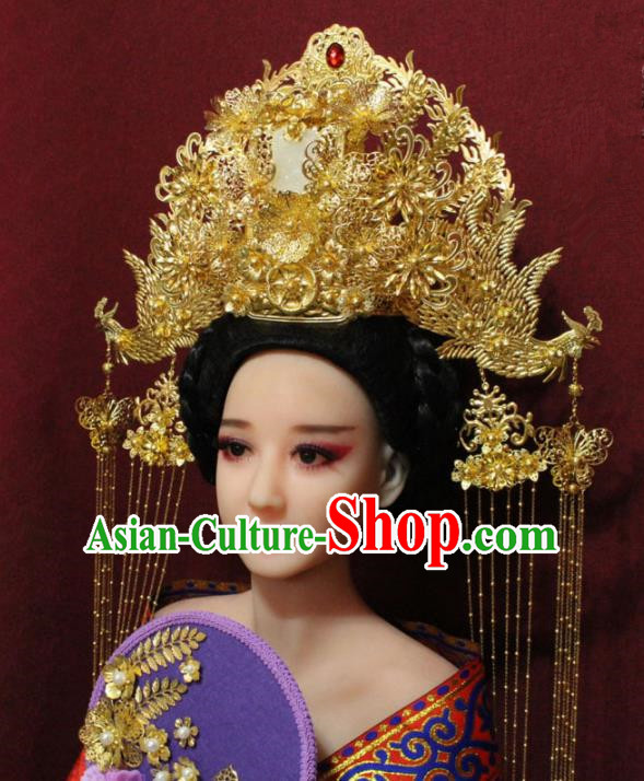 Traditional Chinese Ancient Queen Hanfu Luxury Golden Jade Phoenix Coronet Bride Hairpins Handmade Wedding Hair Accessories for Women