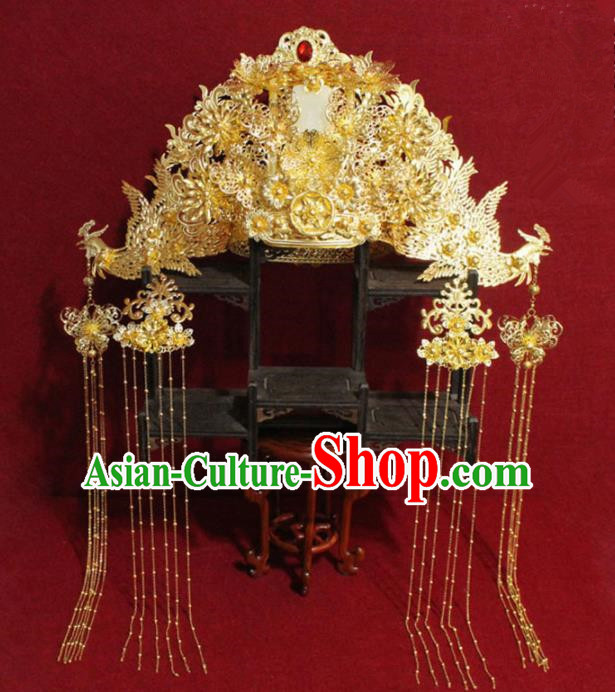 Traditional Chinese Ancient Queen Hanfu Luxury Golden Jade Phoenix Coronet Bride Hairpins Handmade Wedding Hair Accessories for Women