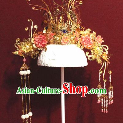 Traditional Chinese Ancient Queen Hanfu Pink Flowers Phoenix Coronet Bride Hairpins Handmade Wedding Hair Accessories for Women