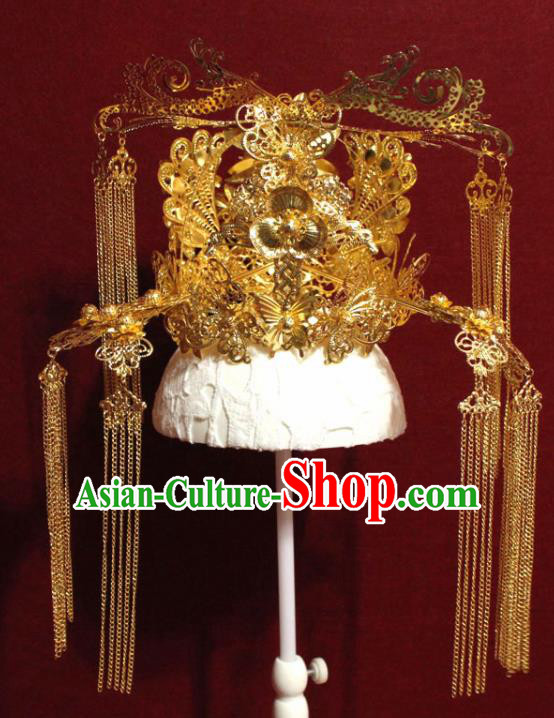 Traditional Chinese Ancient Queen Hanfu Golden Phoenix Coronet Bride Hairpins Handmade Wedding Hair Accessories for Women