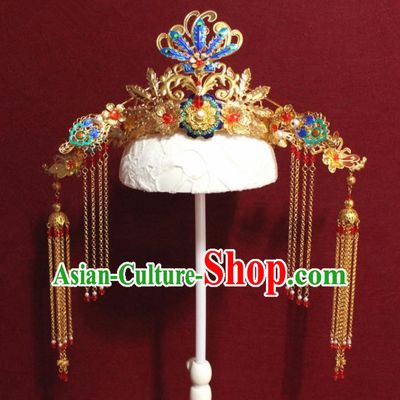 Traditional Chinese Ancient Queen Hanfu Cloisonne Phoenix Coronet Bride Hairpins Handmade Wedding Hair Accessories for Women