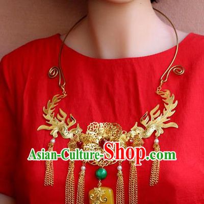 Traditional Chinese Ancient Palace Hanfu Golden Necklace Handmade Wedding Jewelry Accessories for Women
