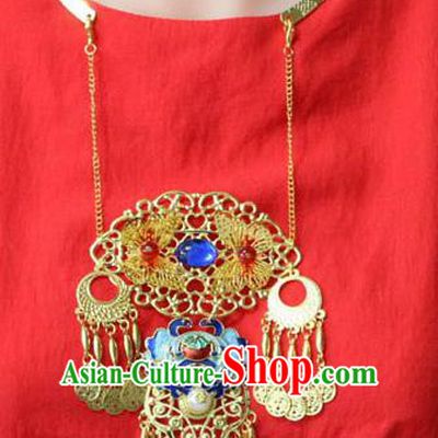 Traditional Chinese Ancient Palace Hanfu Golden Cloisonne Necklace Handmade Wedding Jewelry Accessories for Women