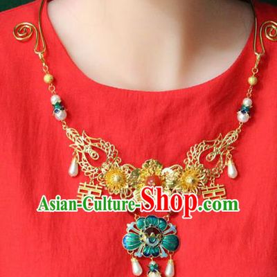 Traditional Chinese Ancient Palace Hanfu Golden Cloisonne Lotus Necklace Handmade Wedding Jewelry Accessories for Women