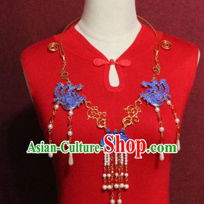Traditional Chinese Ancient Palace Hanfu Golden Cloisonne Phoenix Necklace Handmade Wedding Jewelry Accessories for Women