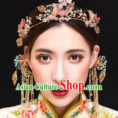 Traditional Chinese Ancient Hanfu Pink Woodpecker Hair Clasp Bride Hairpins Handmade Wedding Hair Accessories for Women