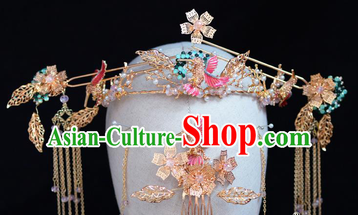 Traditional Chinese Ancient Hanfu Pink Woodpecker Hair Clasp Bride Hairpins Handmade Wedding Hair Accessories for Women