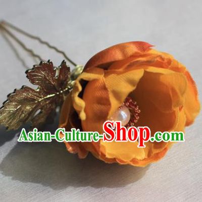 Traditional Chinese Ancient Princess Orange Camellia Hair Clips Hairpins Handmade Hanfu Hair Accessories for Women