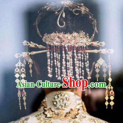 Traditional Chinese Ancient Bride Tassel Hair Crown Hairpins Handmade Wedding Hair Accessories for Women
