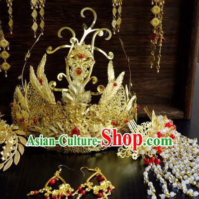 Traditional Chinese Ancient Bride Phoenix Coronet Tassel Hairpins Handmade Wedding Hair Accessories for Women