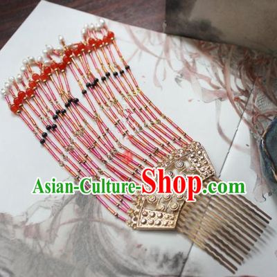 Traditional Chinese Ancient Princess Red Tassel Hair Comb Hairpins Handmade Hanfu Hair Accessories for Women