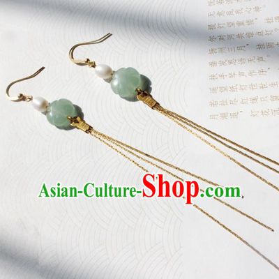 Handmade Chinese Ancient Princess Pearl Jade Earrings Traditional Hanfu Jewelry Accessories for Women