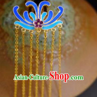 Traditional Chinese Ancient Princess Blueing Chrysanthemum Tassel Hair Clip Hairpins Handmade Hanfu Hair Accessories for Women