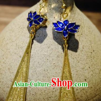 Traditional Chinese Ancient Princess Blueing Lotus Tassel Earrings Handmade Hanfu Jewelry Accessories for Women
