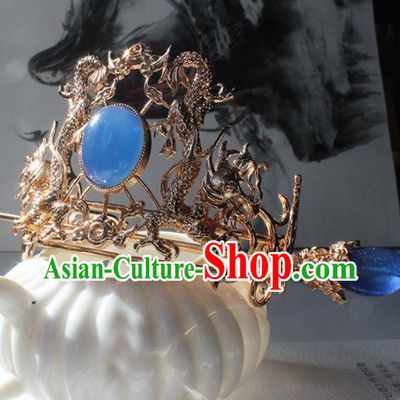 Traditional Chinese Ancient Hanfu Golden Dragon Blue Chalcedony Hair Crown Princess Hairpins Handmade Hair Accessories for Women