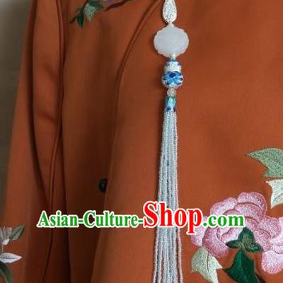 Traditional Chinese Ancient Palace Jade Brooch Handmade Hanfu Tassel Breastpin Pendant for Women