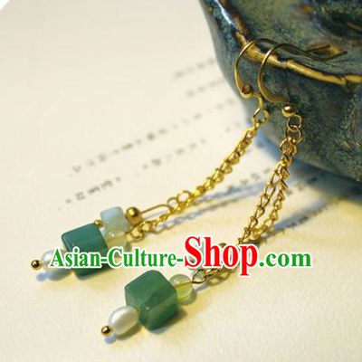 Handmade Chinese Ancient Princess Jade Pearl Earrings Traditional Hanfu Jewelry Accessories for Women