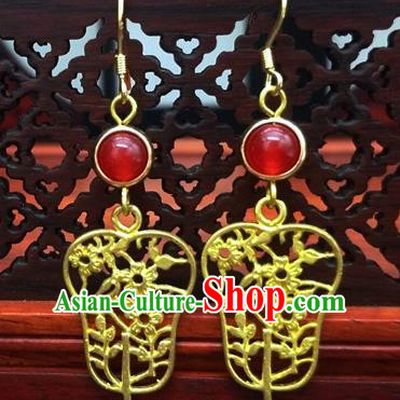 Traditional Chinese Ancient Wedding Hanfu Golden Fan Earrings Handmade Jewelry Accessories for Women