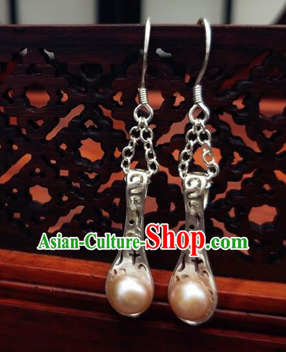 Traditional Chinese Ancient Hanfu Pink Pearl Tassel Earrings Handmade Wedding Jewelry Accessories for Women