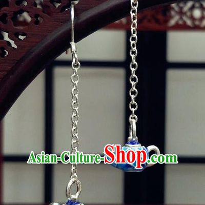 Traditional Chinese Ancient Hanfu Cloisonne Teapot Tassel Earrings Handmade Wedding Jewelry Accessories for Women