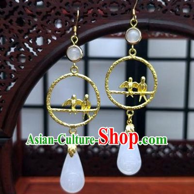 Traditional Chinese Ancient Hanfu Golden Birds Earrings Handmade Wedding Jewelry Accessories for Women