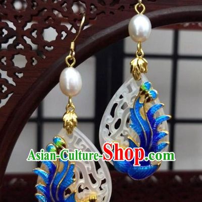 Traditional Chinese Ancient Hanfu Cloisonne Phoenix Jade Earrings Handmade Wedding Jewelry Accessories for Women
