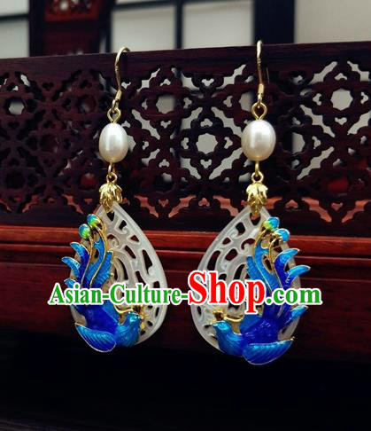 Traditional Chinese Ancient Hanfu Cloisonne Phoenix Jade Earrings Handmade Wedding Jewelry Accessories for Women