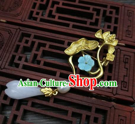 Traditional Chinese Ancient Golden Lotus Brooch Handmade Hanfu Palace Breastpin Tassel Pendant for Women