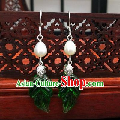 Traditional Chinese Ancient Hanfu Green Leaf Pearl Earrings Handmade Wedding Jewelry Accessories for Women
