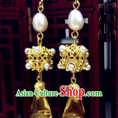Traditional Chinese Ancient Hanfu Palace Golden Earrings Handmade Wedding Jewelry Accessories for Women