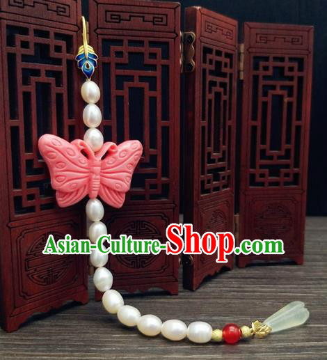 Traditional Chinese Ancient Pink Butterfly Pearls Brooch Handmade Hanfu Palace Breastpin Tassel Pendant for Women Traditional Chinese Ancient Pink Butterfly Pearls Brooch Handmade Hanfu Palace Breastpin Tassel Pendant for Women
