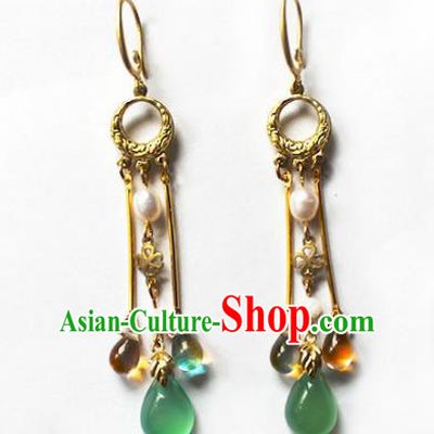 Handmade Chinese Ancient Princess Pearl Golden Earrings Traditional Hanfu Jewelry Accessories for Women