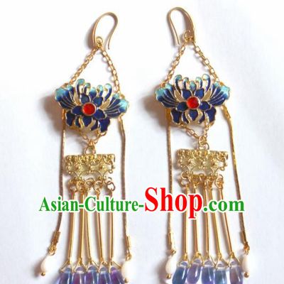 Handmade Chinese Ancient Princess Blueing Chrysanthemum Earrings Traditional Hanfu Jewelry Accessories for Women