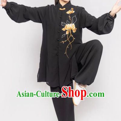 Traditional Chinese Martial Arts Embroidered Lotus Black Costume Professional Tai Chi Competition Kung Fu Uniform for Women
