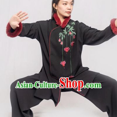 Traditional Chinese Martial Arts Embroidered Winter Black Costume Professional Tai Chi Competition Kung Fu Uniform for Women