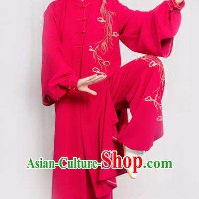 Traditional Chinese Martial Arts Embroidered Rosy Costume Professional Tai Chi Competition Kung Fu Uniform for Women