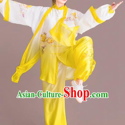 Traditional Chinese Martial Arts Embroidered Yellow Costume Professional Tai Chi Competition Kung Fu Uniform for Women