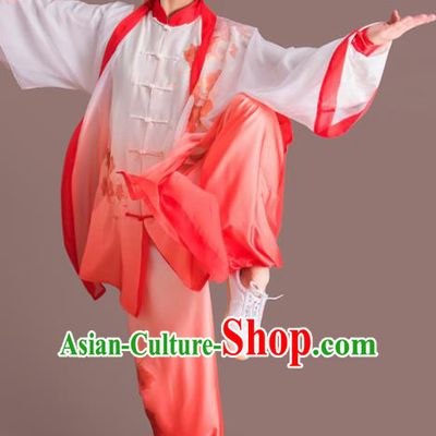 Traditional Chinese Martial Arts Embroidered Rosy Silk Costume Professional Tai Chi Competition Kung Fu Uniform for Women