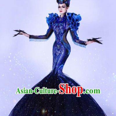 Handmade Modern Fancywork Cosplay Queen Royalblue Veil Full Dress Halloween Stage Show Fancy Ball Costume for Women
