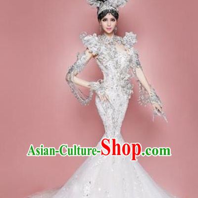 Handmade Modern Fancywork Cosplay Queen White Trailing Full Dress Halloween Stage Show Fancy Ball Costume for Women