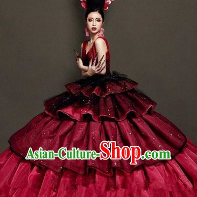 Handmade Modern Fancywork Cosplay Wine Red Full Dress Halloween Stage Show Fancy Ball Costume for Women