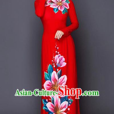 Vietnam Traditional National Costume Court Printing Pink Peach Blossom Ao Dai Dress Asian Vietnamese Cheongsam for Women