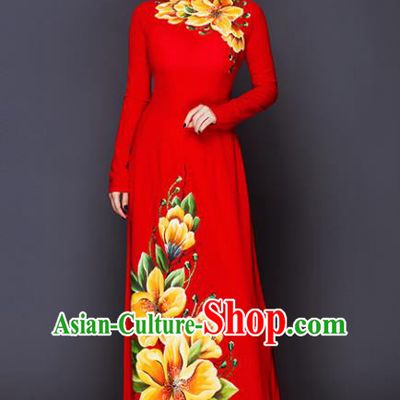 Vietnam Traditional National Costume Court Printing Flowers Red Ao Dai Dress Asian Vietnamese Cheongsam for Women