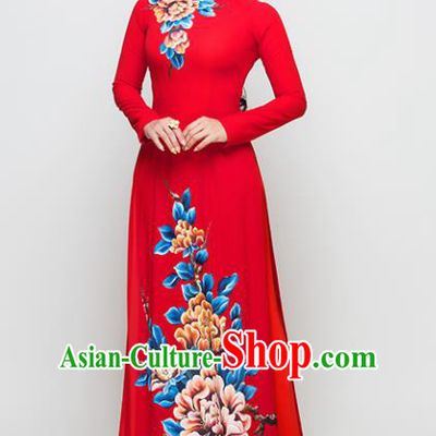 Vietnam Traditional National Costume Court Printing Peony Red Ao Dai Dress Asian Vietnamese Cheongsam for Women
