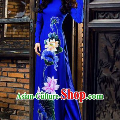 Vietnam Traditional National Costume Printing Lotus Royalblue Ao Dai Dress Asian Vietnamese Cheongsam for Women