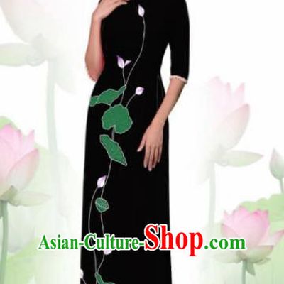 Vietnam Traditional National Costume Printing Lotus Black Ao Dai Dress Asian Vietnamese Cheongsam for Women