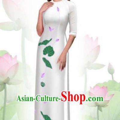 Vietnam Traditional National Costume Printing Lotus White Ao Dai Dress Asian Vietnamese Cheongsam for Women
