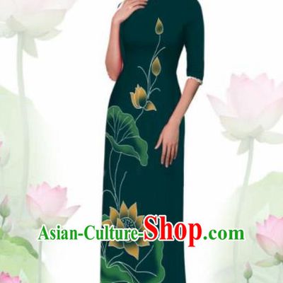 Vietnam Traditional National Costume Printing Lotus Green Ao Dai Dress Asian Vietnamese Cheongsam for Women