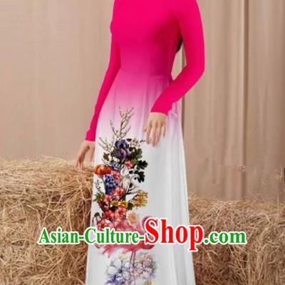 Vietnam Traditional National Costume Printing Flamingo Flowers Rosy Ao Dai Dress Asian Vietnamese Cheongsam for Women